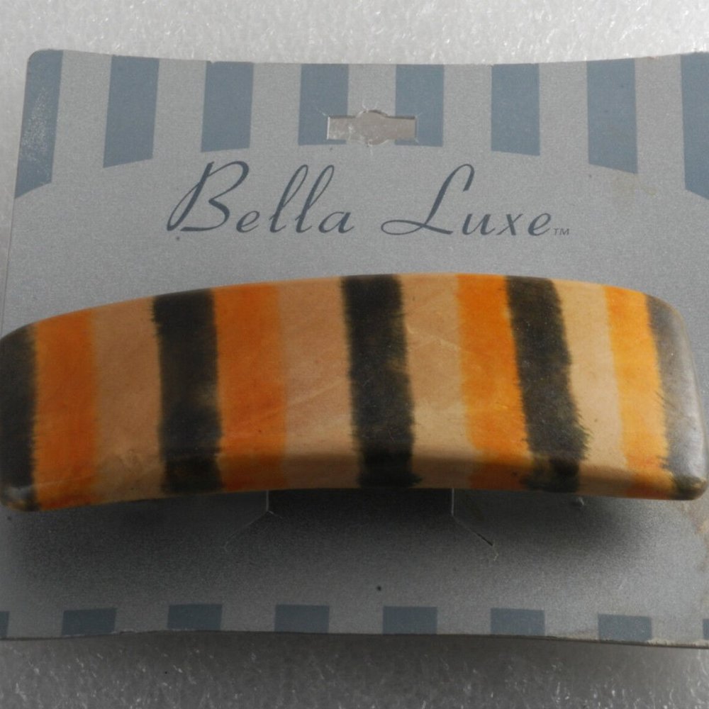 Bella Luxe Wooden Hair Barrette Rectangle Striped New on Card Silver Clip